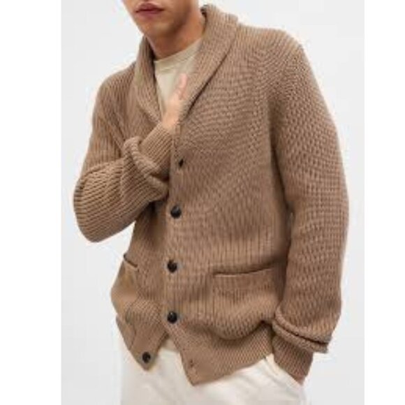 GAP Men’s Shawl Collar Button-Up Knit Cardigan Sweater – Camel - Size M - Picture 1 of 7